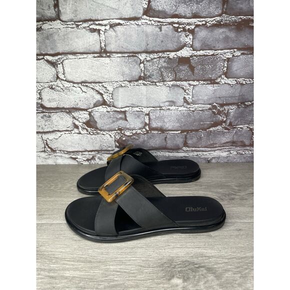 OluKai La'i Slide Black Leather Leopard Beach Sandals Women Sz 8M US/38EU - Picture 12 of 16